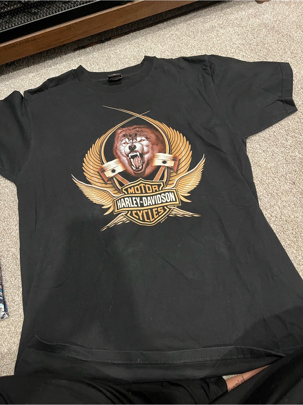 Harley-Davidson Black Tee with Gold and Brown Wolf Emblem
